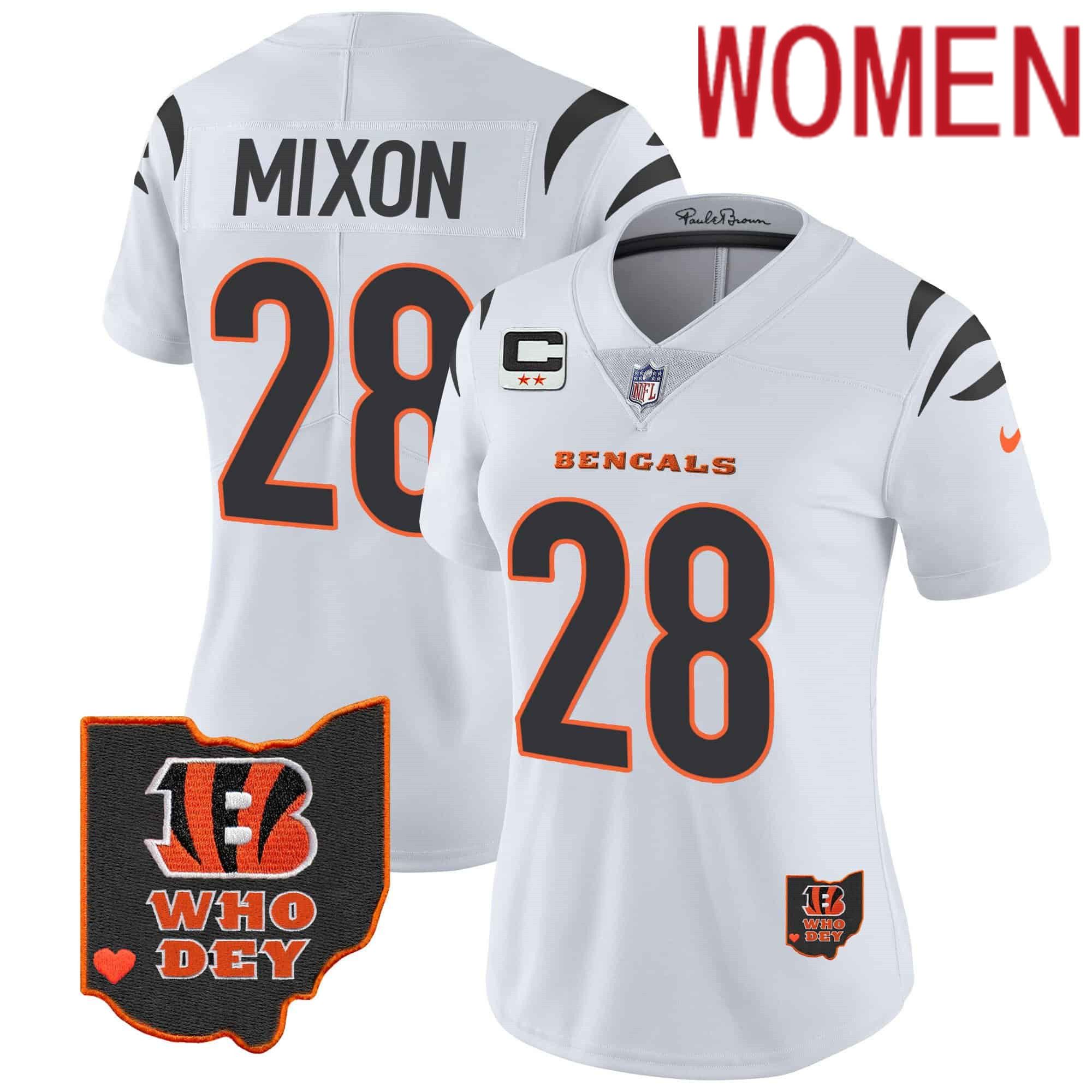 Women Cincinnati Bengals #28 Mixon White 2024 Nike Patch Vapor Limited NFL Jersey
